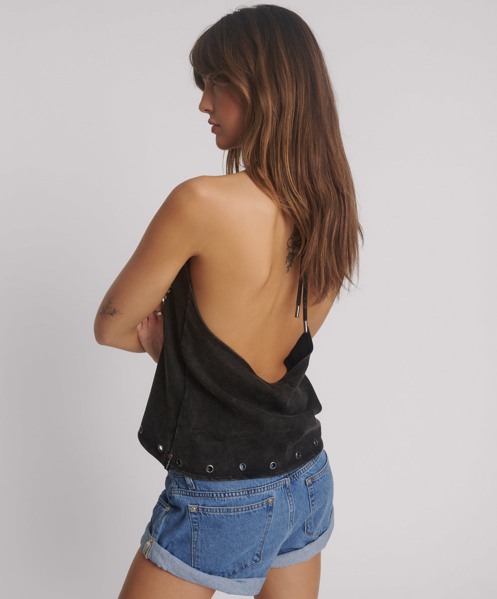 Last Stock Studded Eagle Acid Wash Halter Top - Black Tobacco