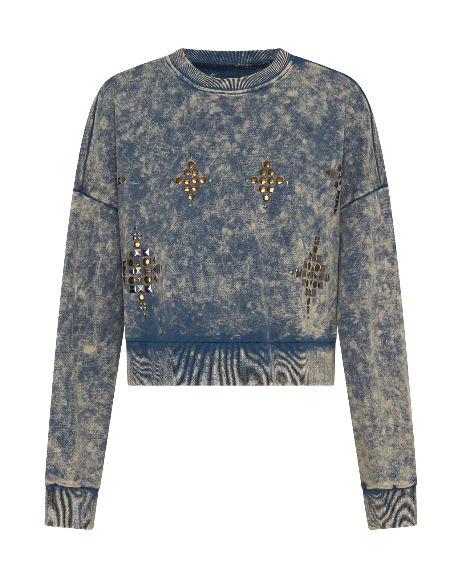 Women's Clothing Fleece Cropped Star Studded Sweater - Acid Wash Blue