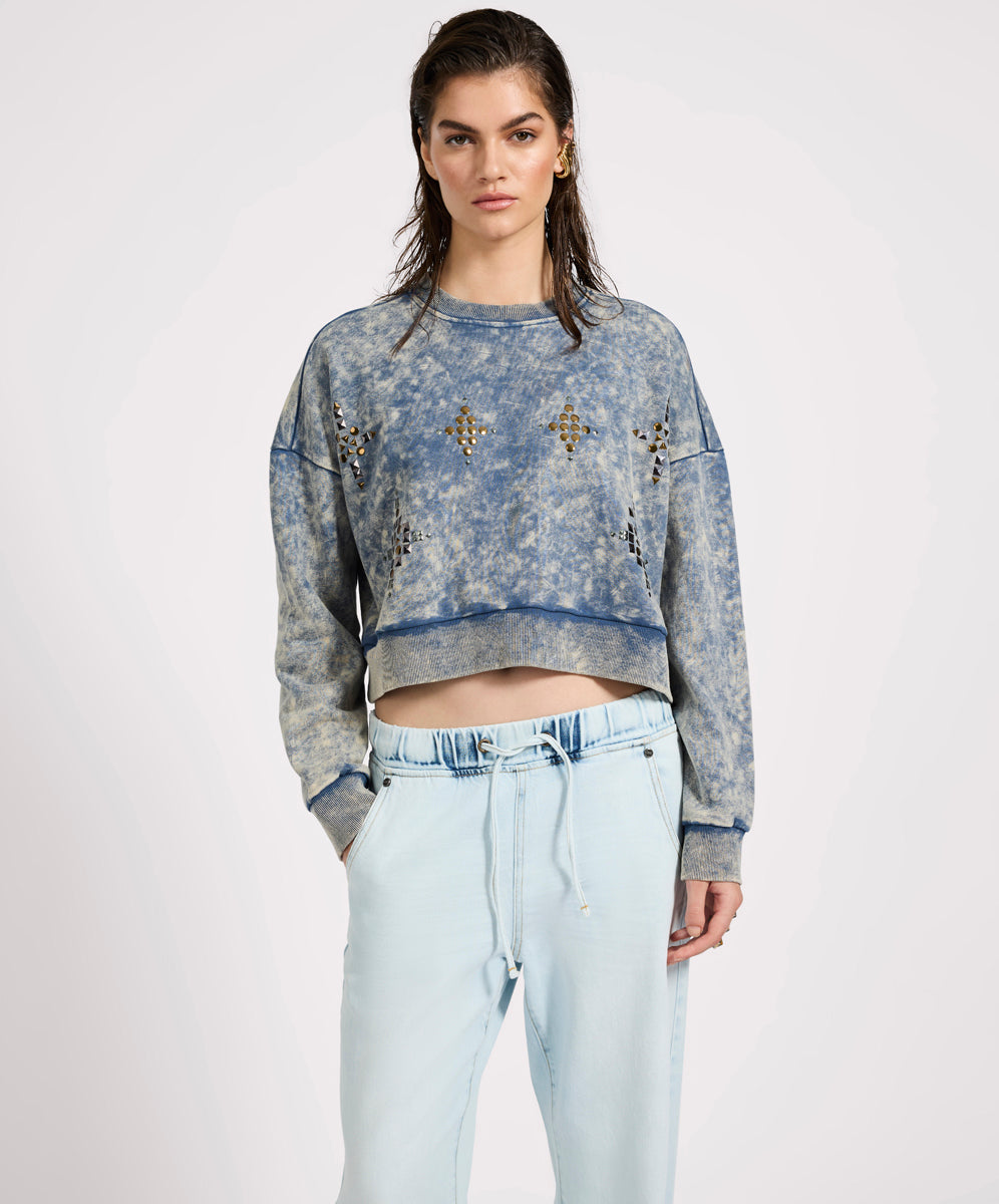 Women's Clothing Fleece Cropped Star Studded Sweater - Acid Wash Blue