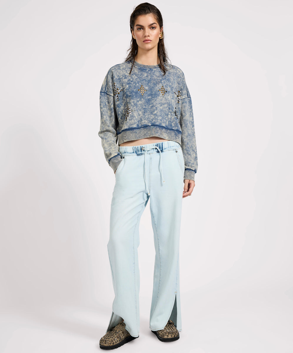 Women's Clothing Fleece Cropped Star Studded Sweater - Acid Wash Blue
