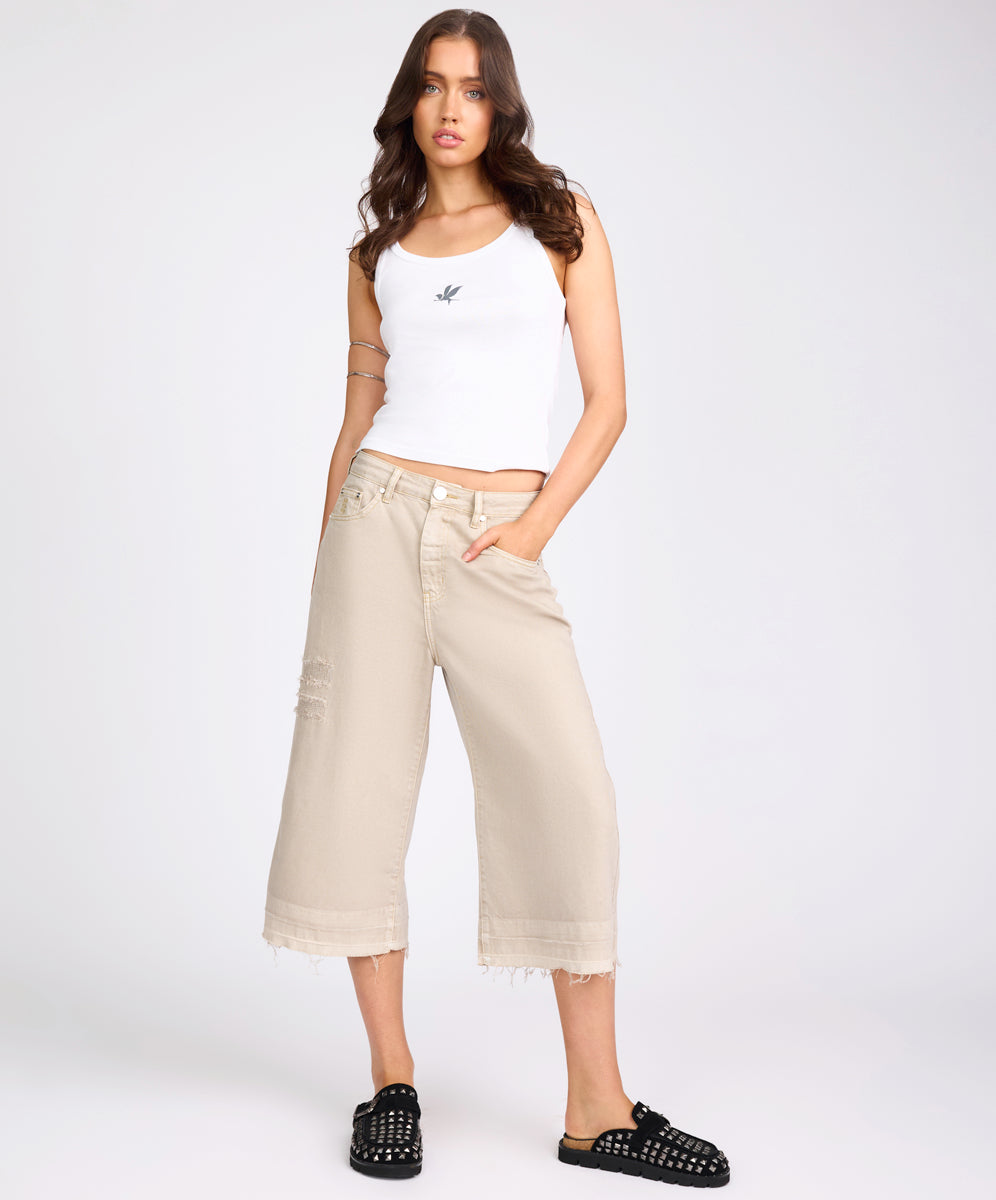 Products 720'S Mid Waist Super Long Length Denim Shorts - Stone