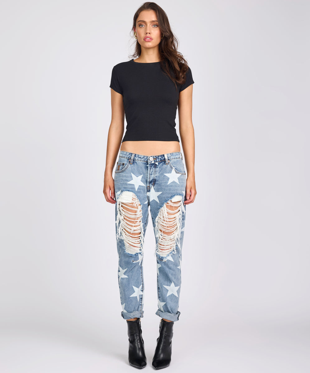 Last Stock Saints Low Waist Boyfriend Denim Jeans - Starwash Blue