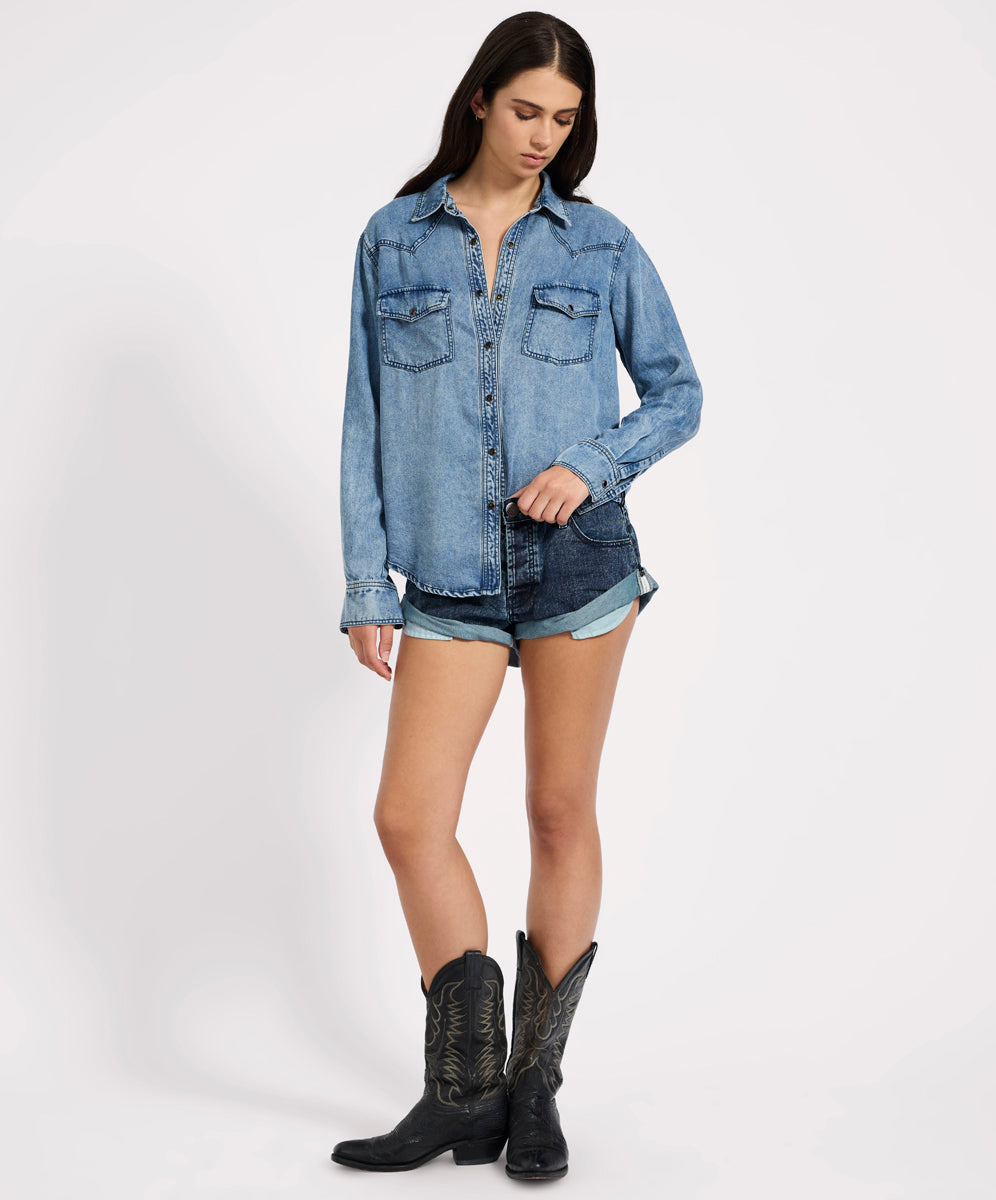 Women's Clothing Tencel Western Shirt - Blue