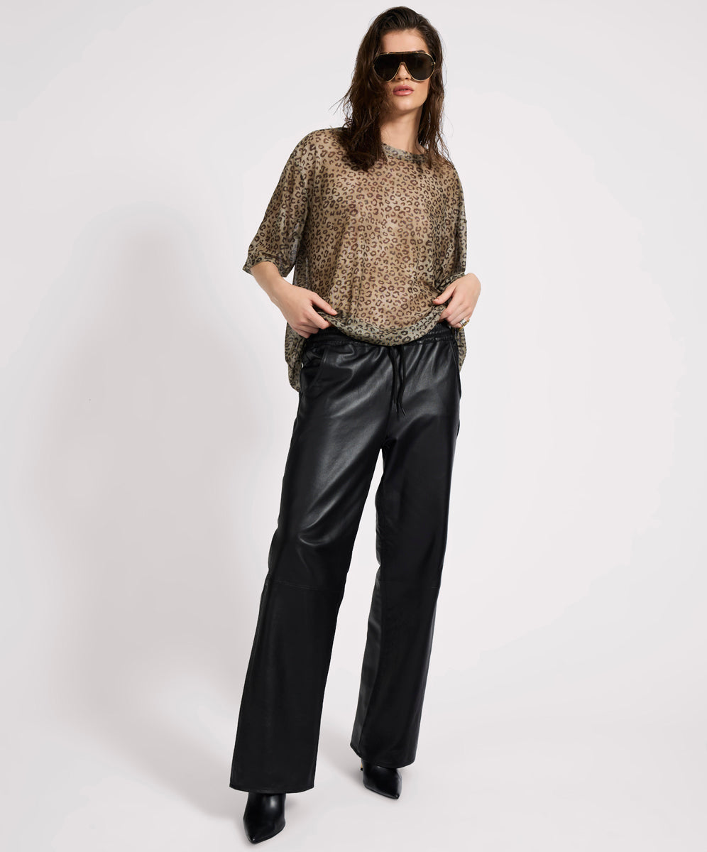 Leather Jeans Roadhouse Mid Waist Wide Leg Drawstring Leather Pants - Black