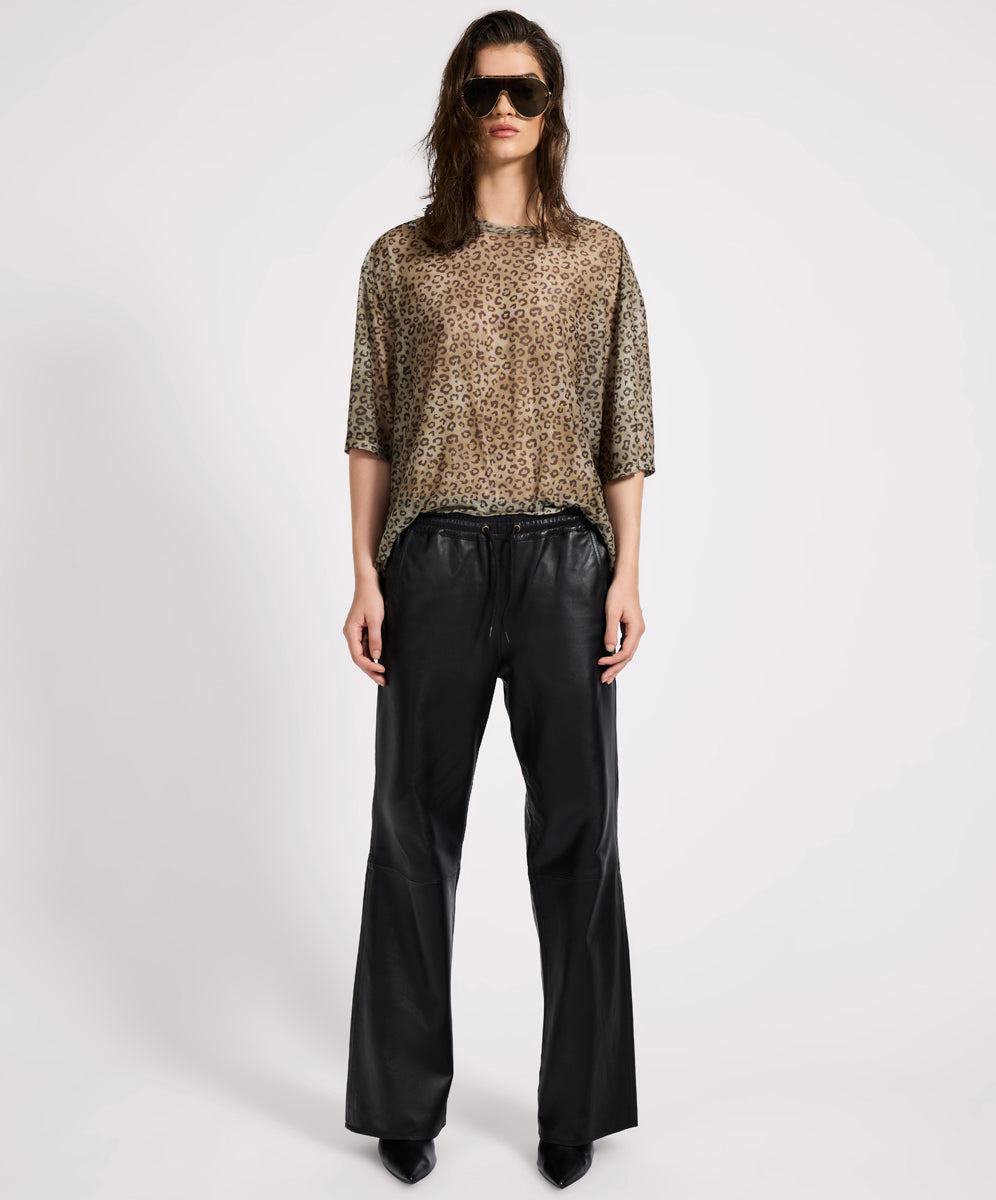 Leather Jeans Roadhouse Mid Waist Wide Leg Drawstring Leather Pants - Black