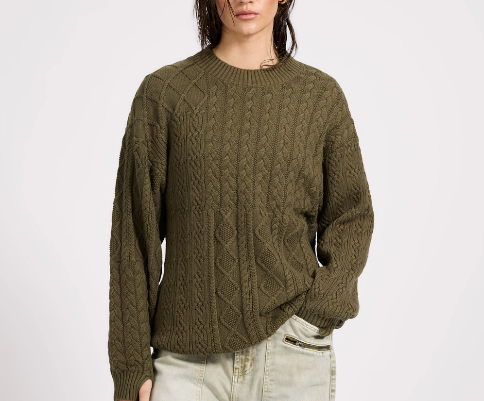 Mixed Cable Cotton Knit Sweater - Khaki
