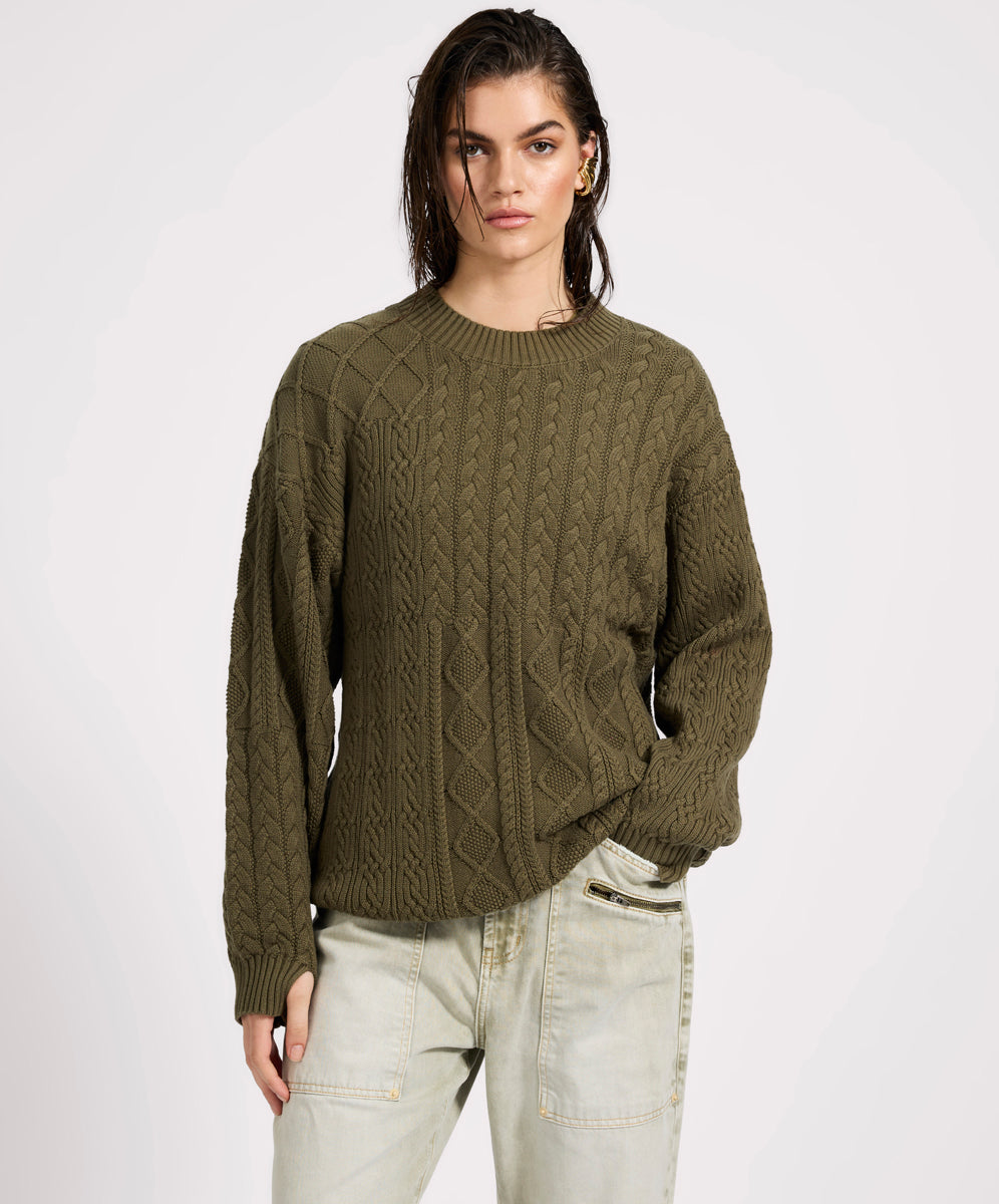 Knitwear Mixed Cable Cotton Knit Sweater - Khaki