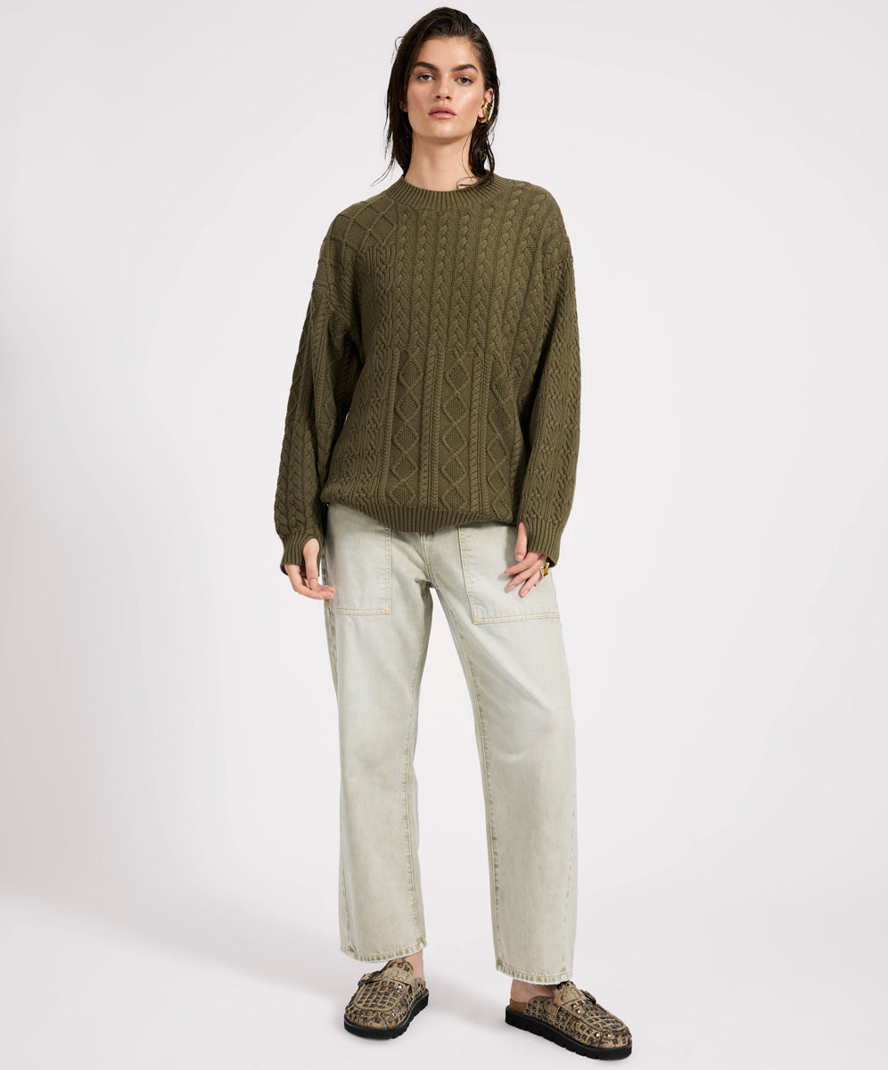 Knitwear Mixed Cable Cotton Knit Sweater - Khaki