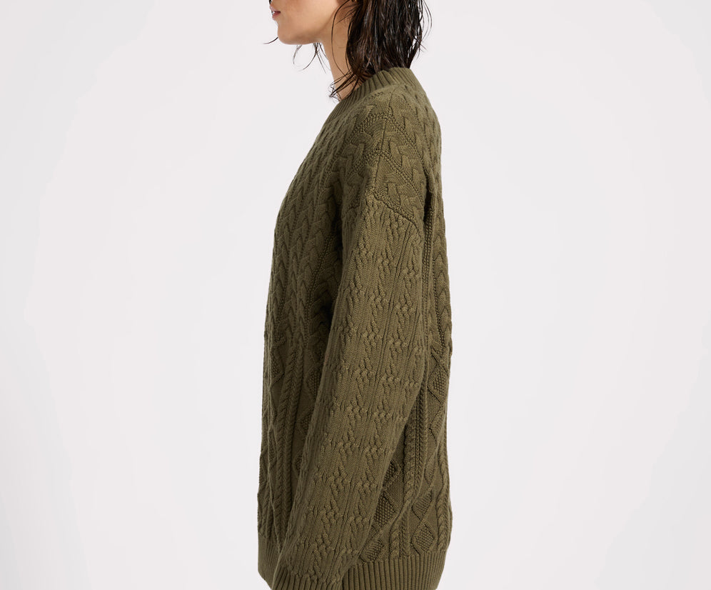Mixed Cable Cotton Knit Sweater - Khaki