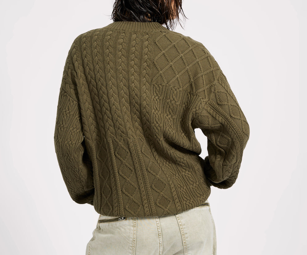Mixed Cable Cotton Knit Sweater - Khaki