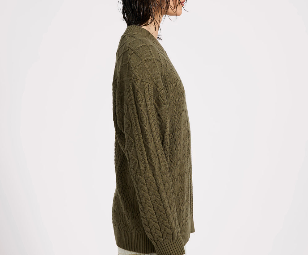 Mixed Cable Cotton Knit Sweater - Khaki