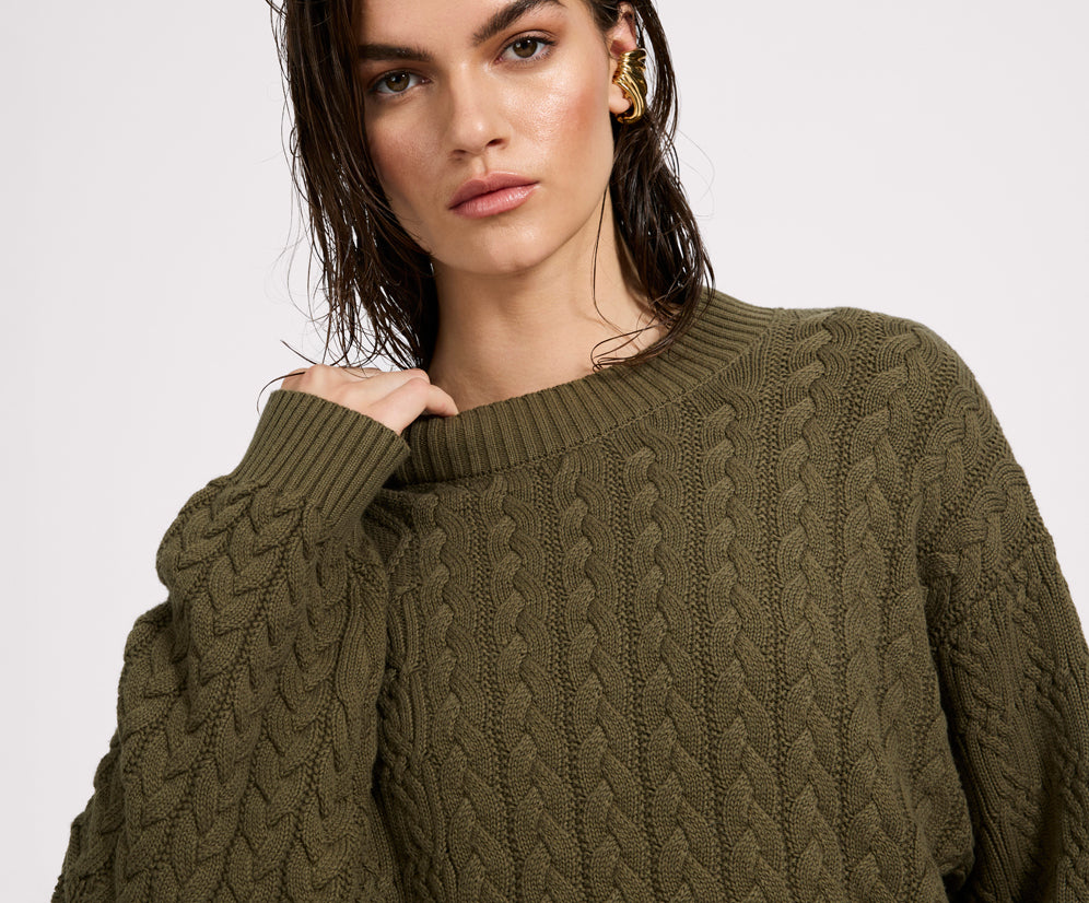 Mixed Cable Cotton Knit Sweater - Khaki