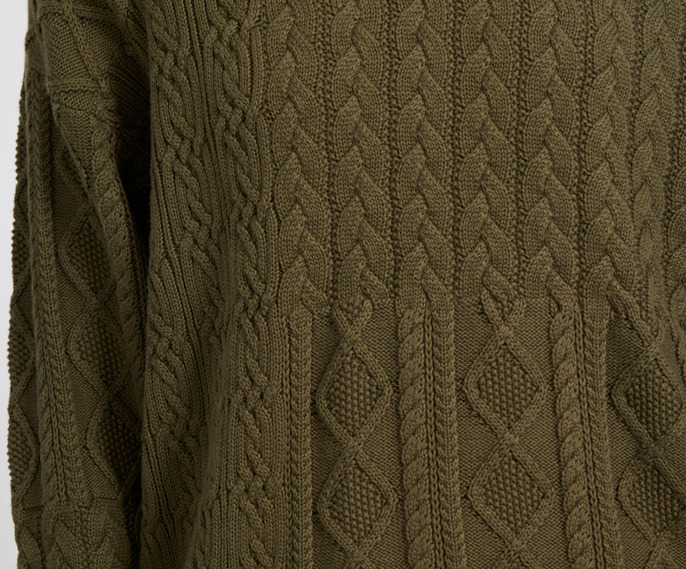 Mixed Cable Cotton Knit Sweater - Khaki