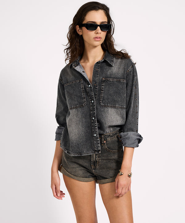Nixie Eyelet Classic Fit Denim Shirt - Charcoal Black