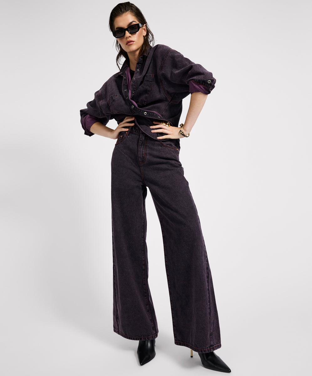 Women's Denim Love Machines Mid Waist Super Wide Leg Denim Jeans - Black Pink