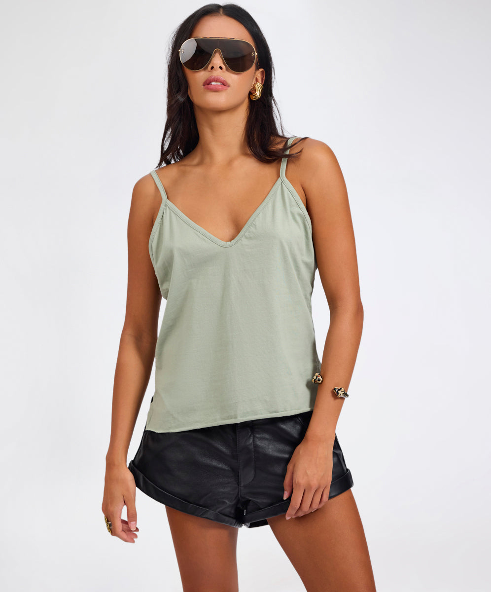 Khaki Edit Deep V Front Cotton Singlet - Khaki