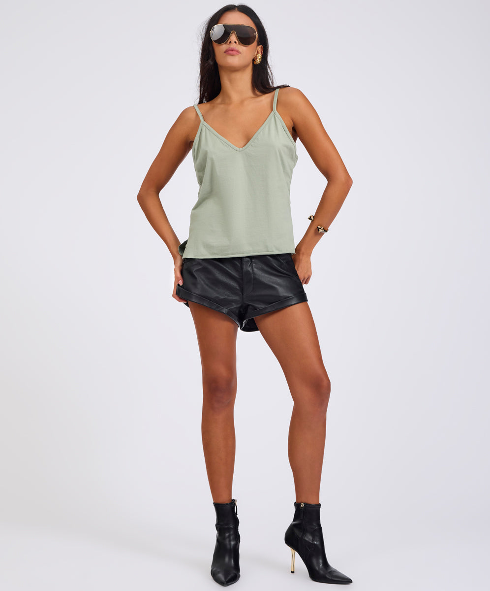 Khaki Edit Deep V Front Cotton Singlet - Khaki