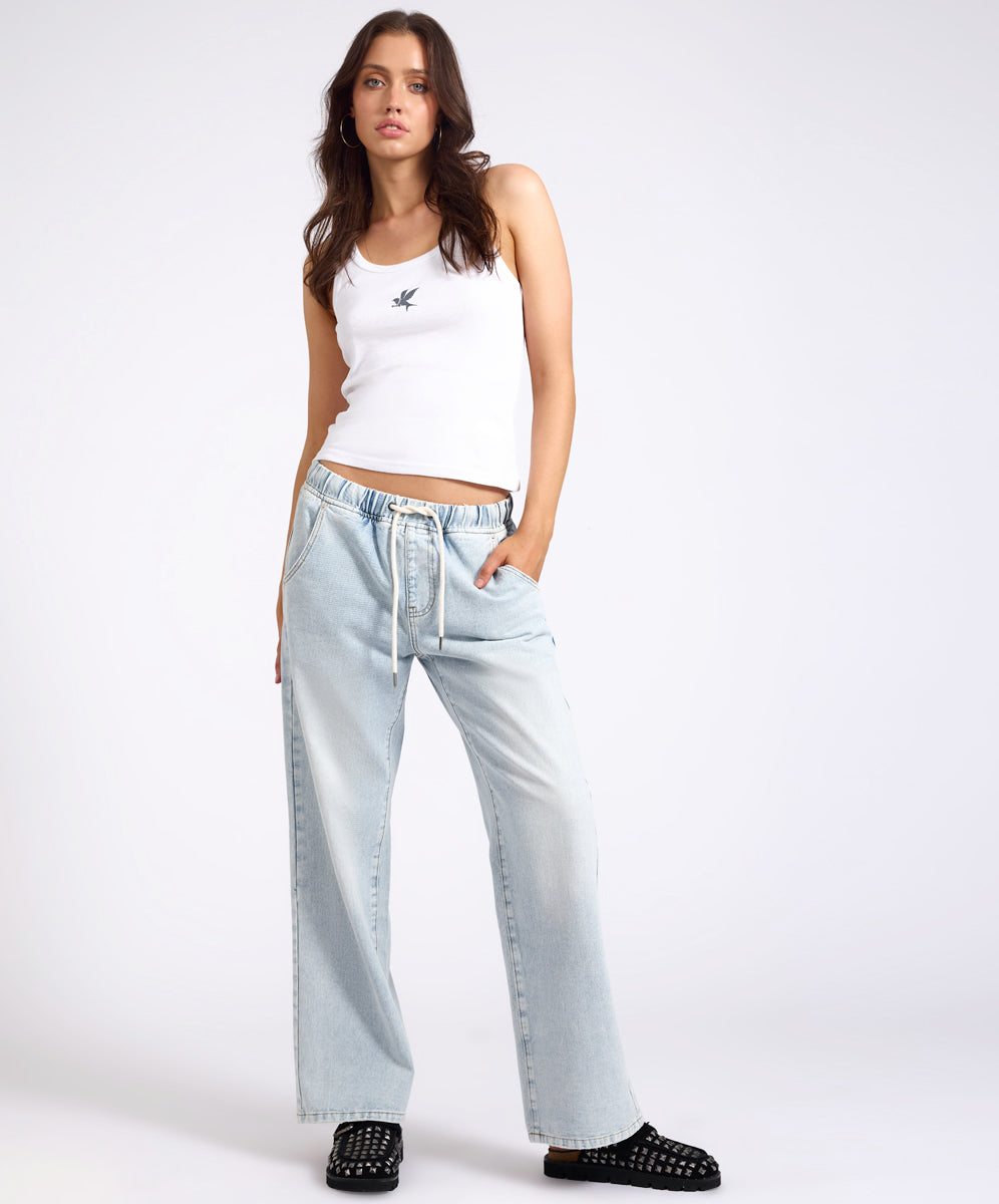 Roadhouse Mid Waist Wide Leg Drawstring Denim Jean - Blue Latte