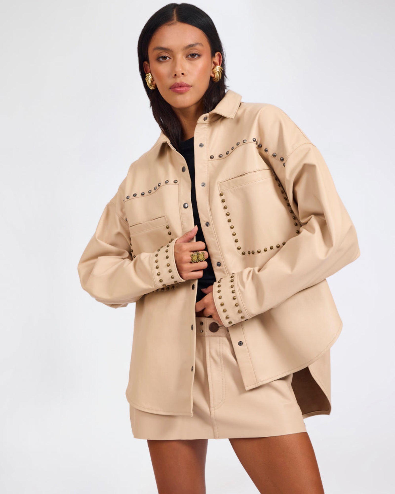Daria Studded Leather Shacket - Tan | One Teaspoon USA