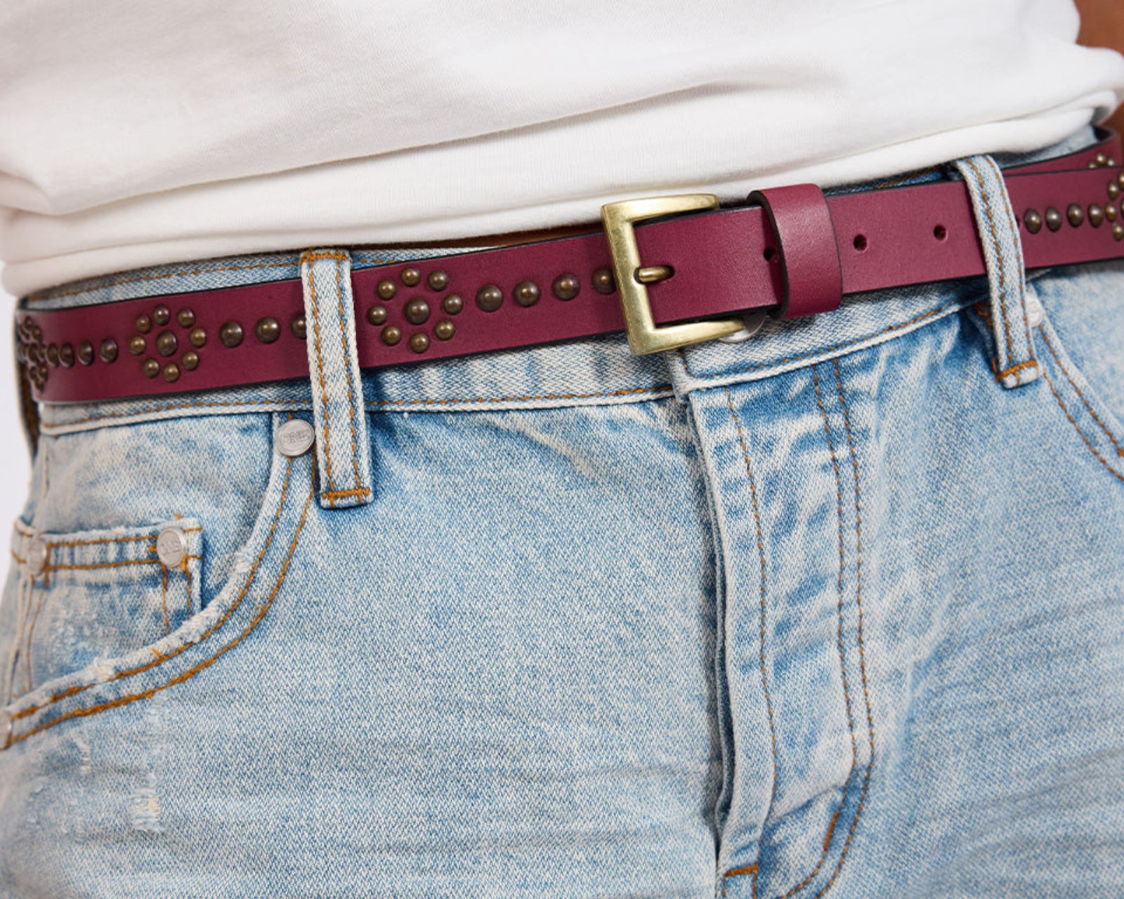 Flower Studded Leather Belt - Oxblood Red Leather