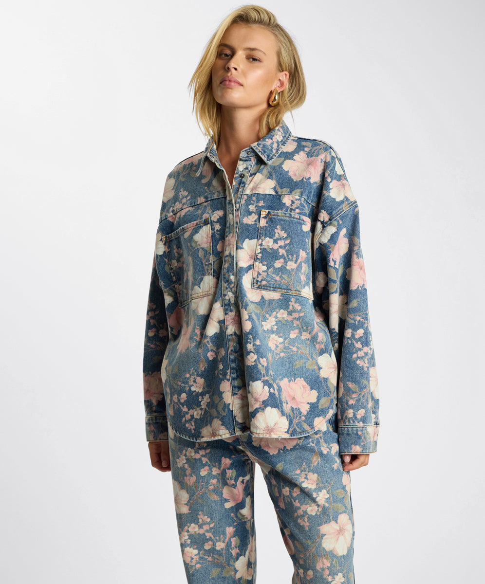 Lovelorn Daria Denim Shacket - Floral Bloom Cobaine Blue | One