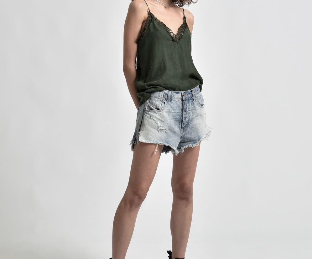 SUNBLEACH BLUE LE WOLVES MID LENGTH DENIM SHORTS