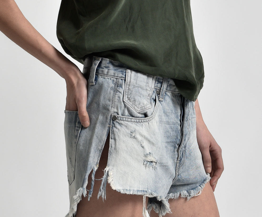SUNBLEACH BLUE LE WOLVES MID LENGTH DENIM SHORTS