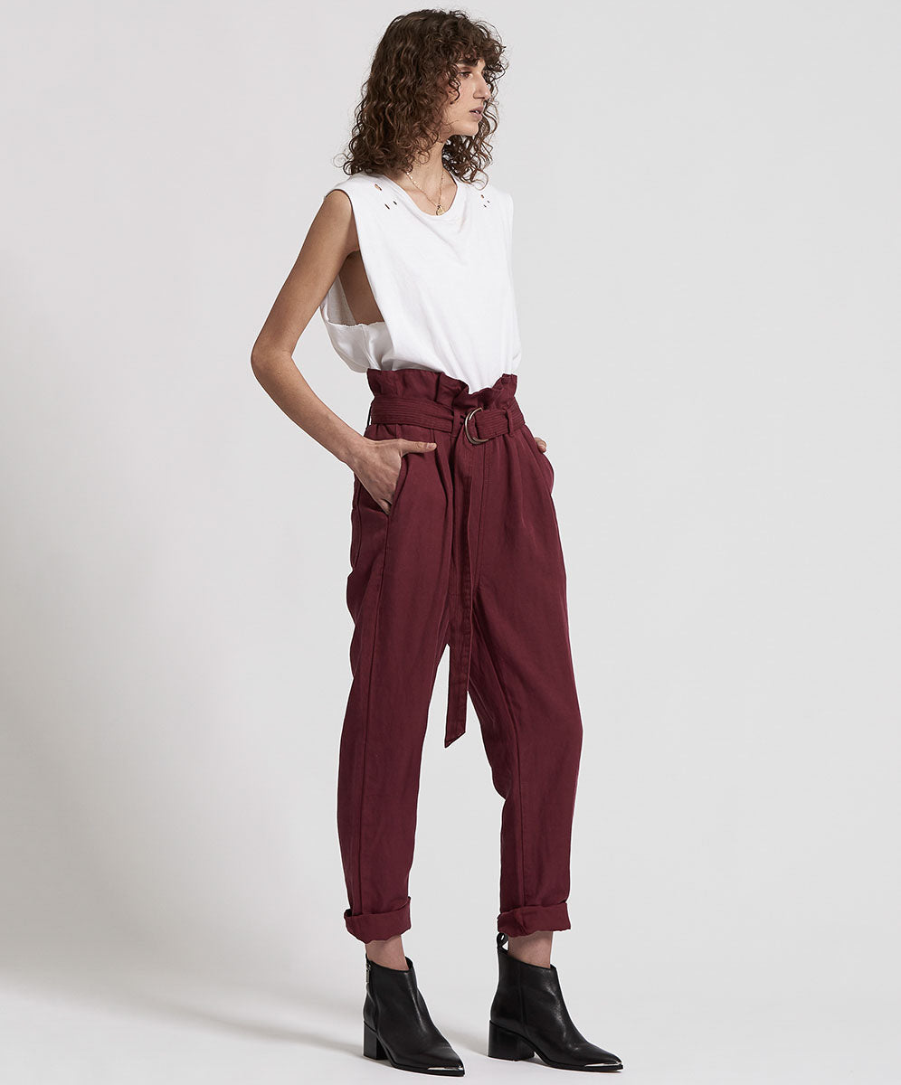 Products OXBLOOD LINEN HIGH WAIST SOHO PANTS