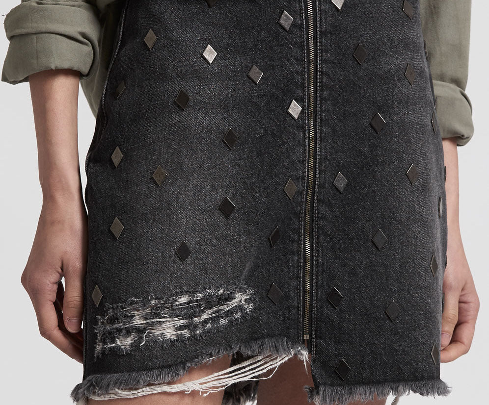 Viper High Waist Button Through Mini Denim Skirt - Black Whiskey