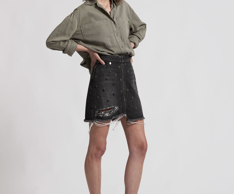 Viper High Waist Button Through Mini Denim Skirt - Black Whiskey