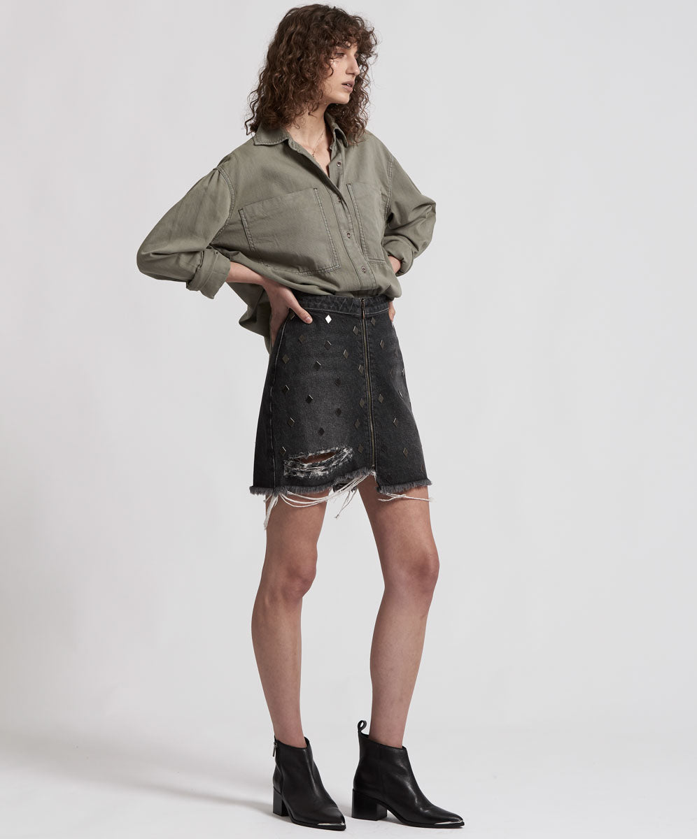 Products Viper High Waist Button Through Mini Denim Skirt - Black Whiskey