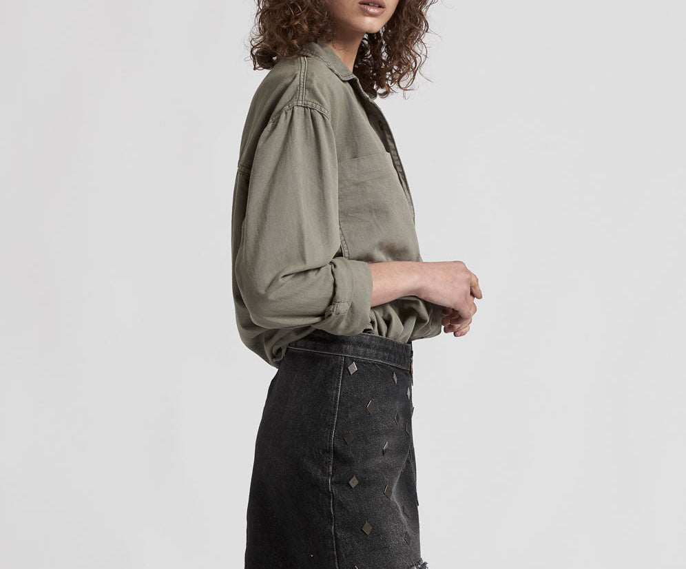 Viper High Waist Button Through Mini Denim Skirt - Black Whiskey