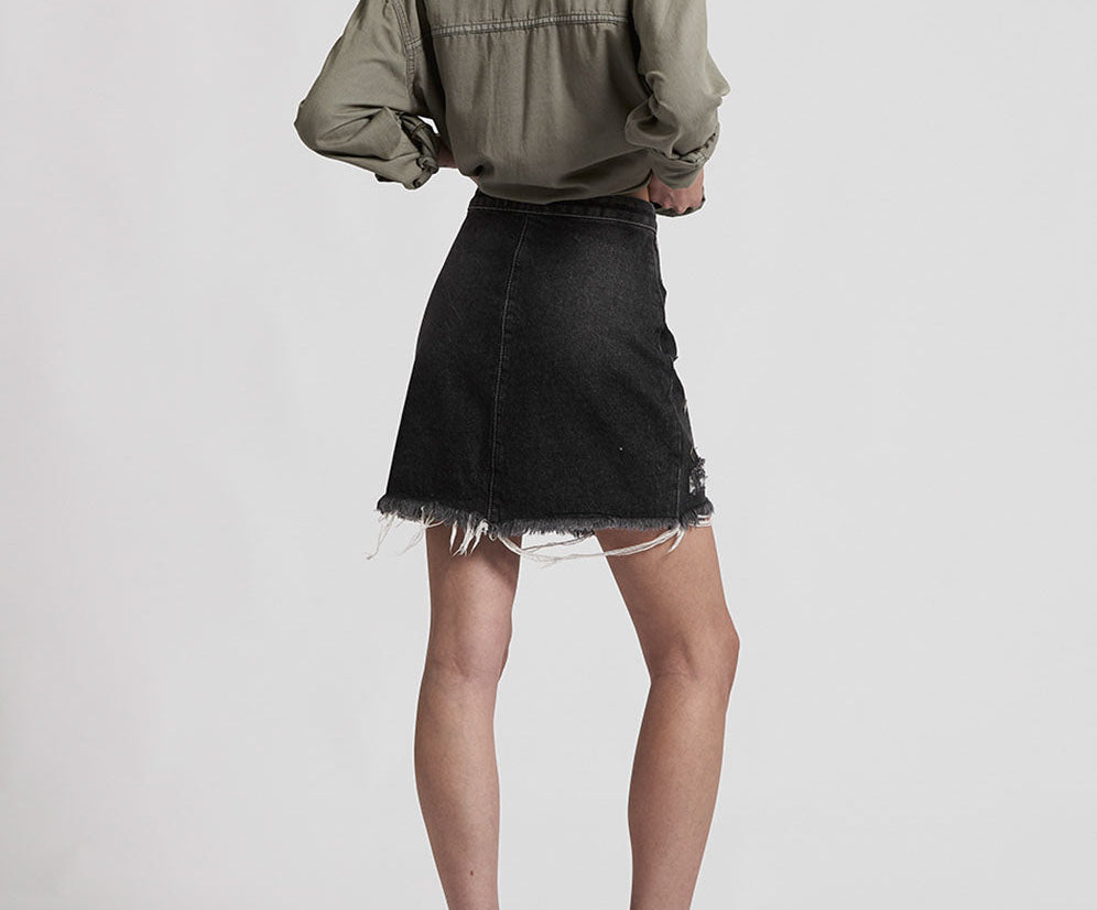 Viper High Waist Button Through Mini Denim Skirt - Black Whiskey
