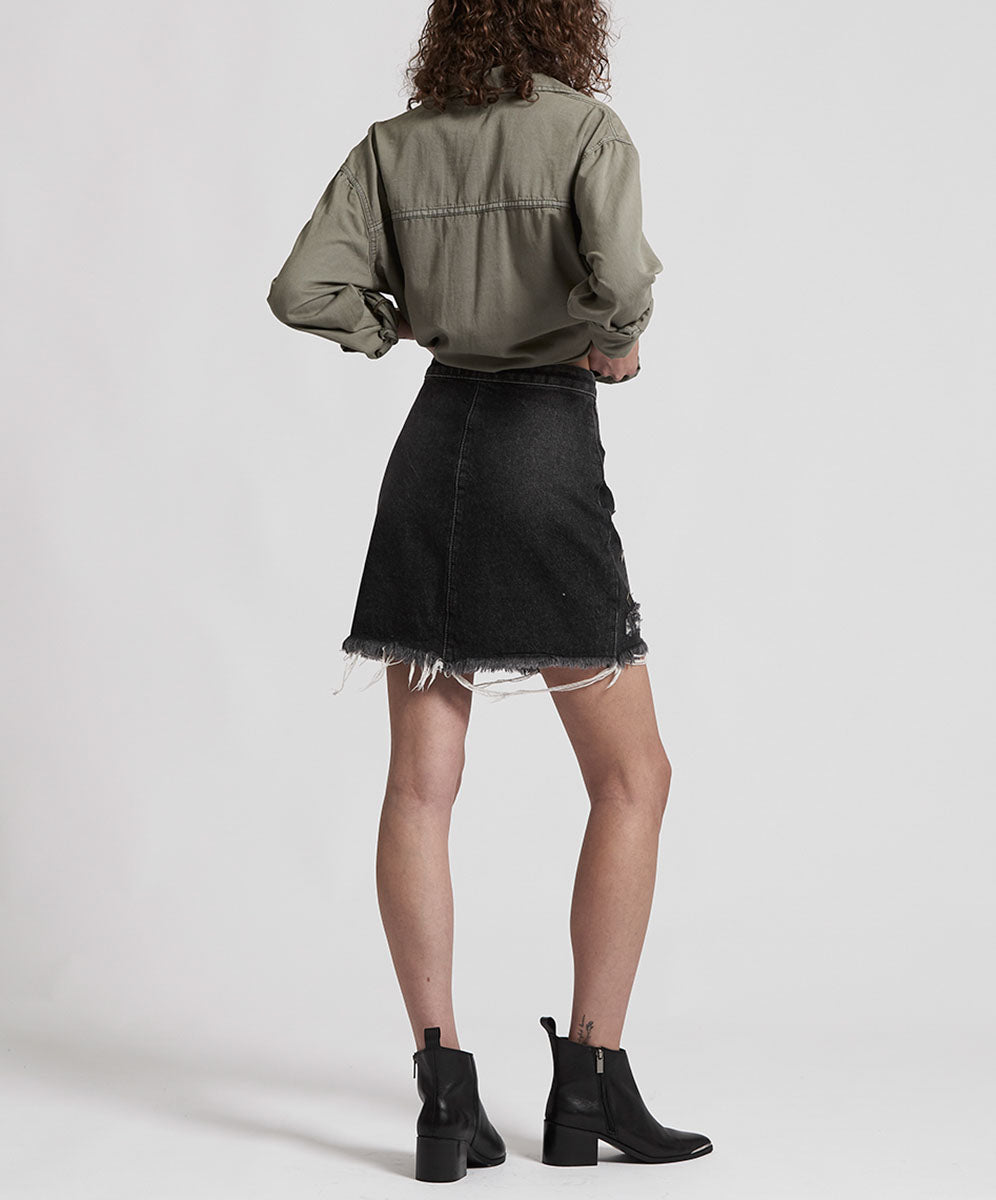 Products Viper High Waist Button Through Mini Denim Skirt - Black Whiskey