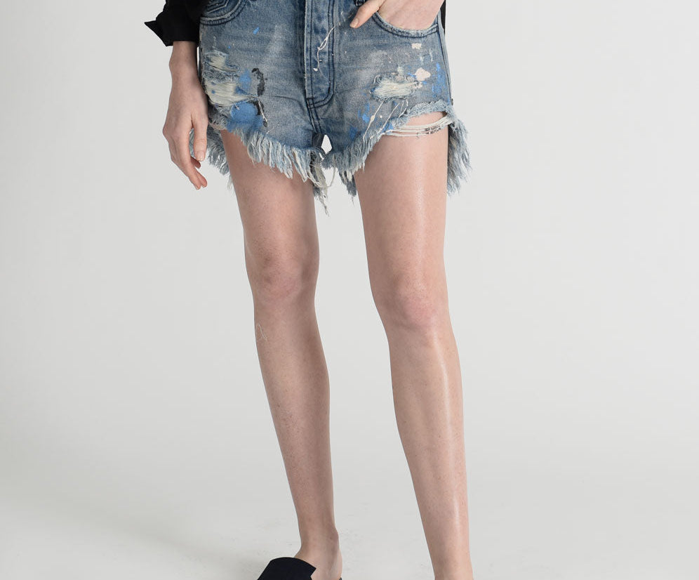 WORN BLUE ARTISTE LE WOLVES MID LENGTH DENIM SHORT