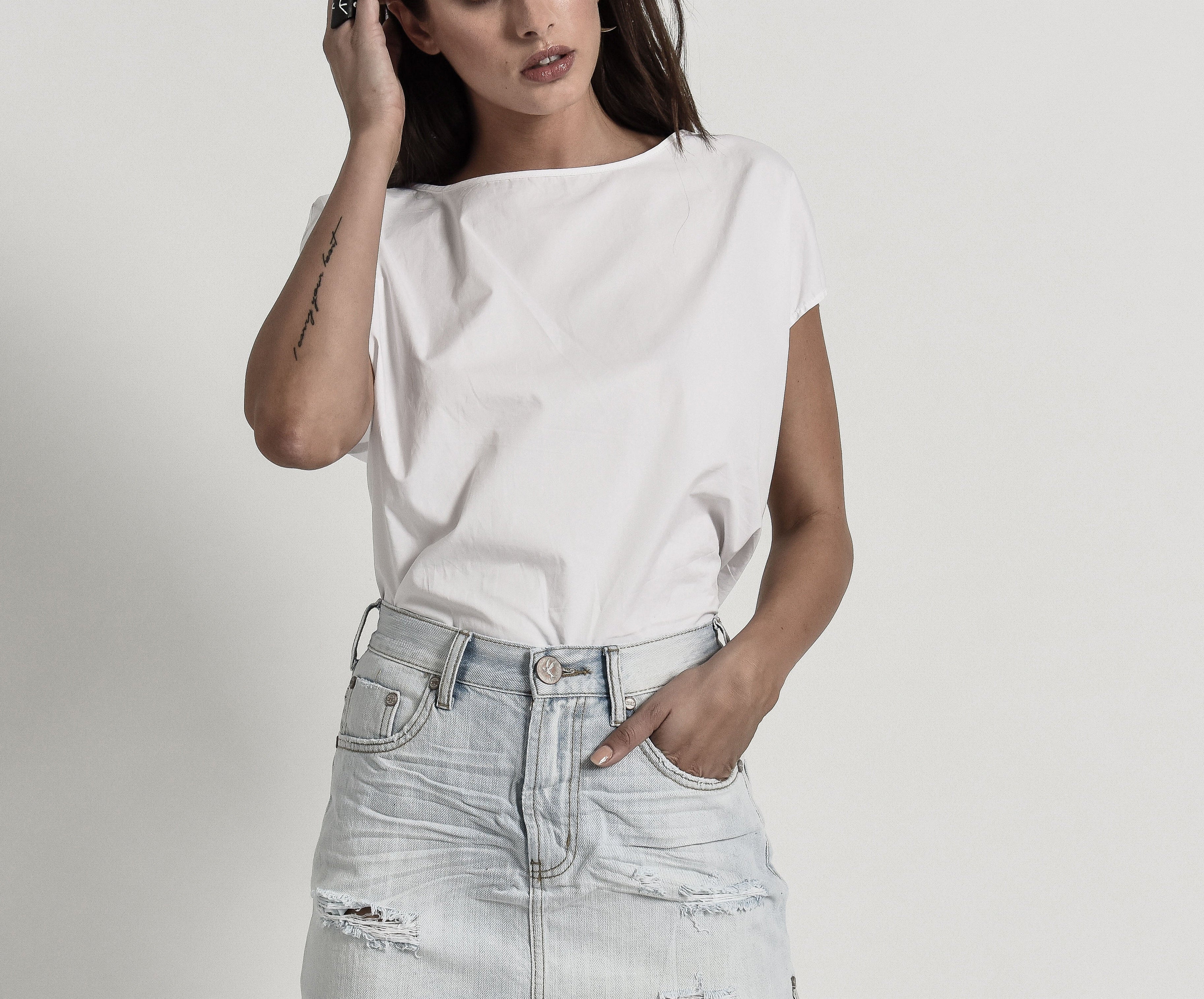 BRANDO 2020 MINI HIGH WAIST DENIM SKIRT WHITE