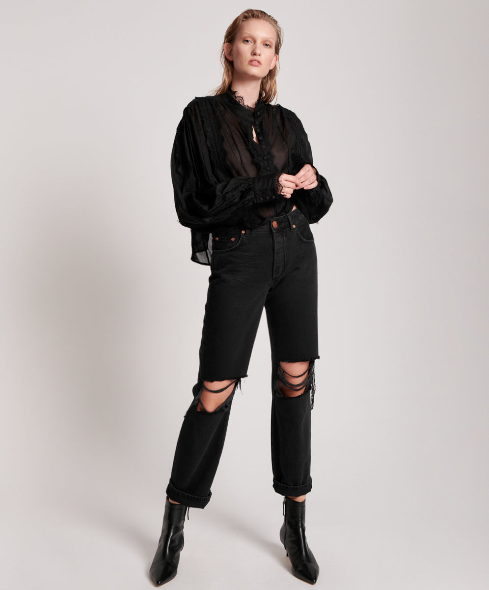 Products Truckers Mid Waist Straight Leg Denim Jeans - Worn Black