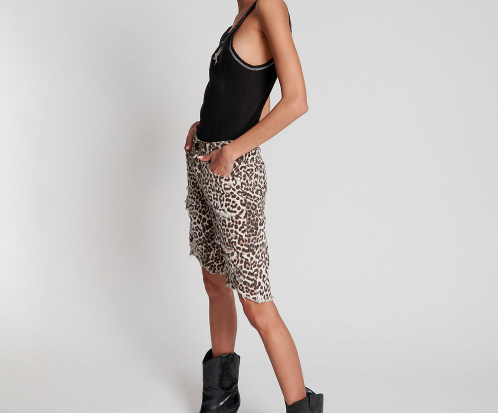 Truckers Mid Waist Long-Length Relaxed Denim Shorts - Animal