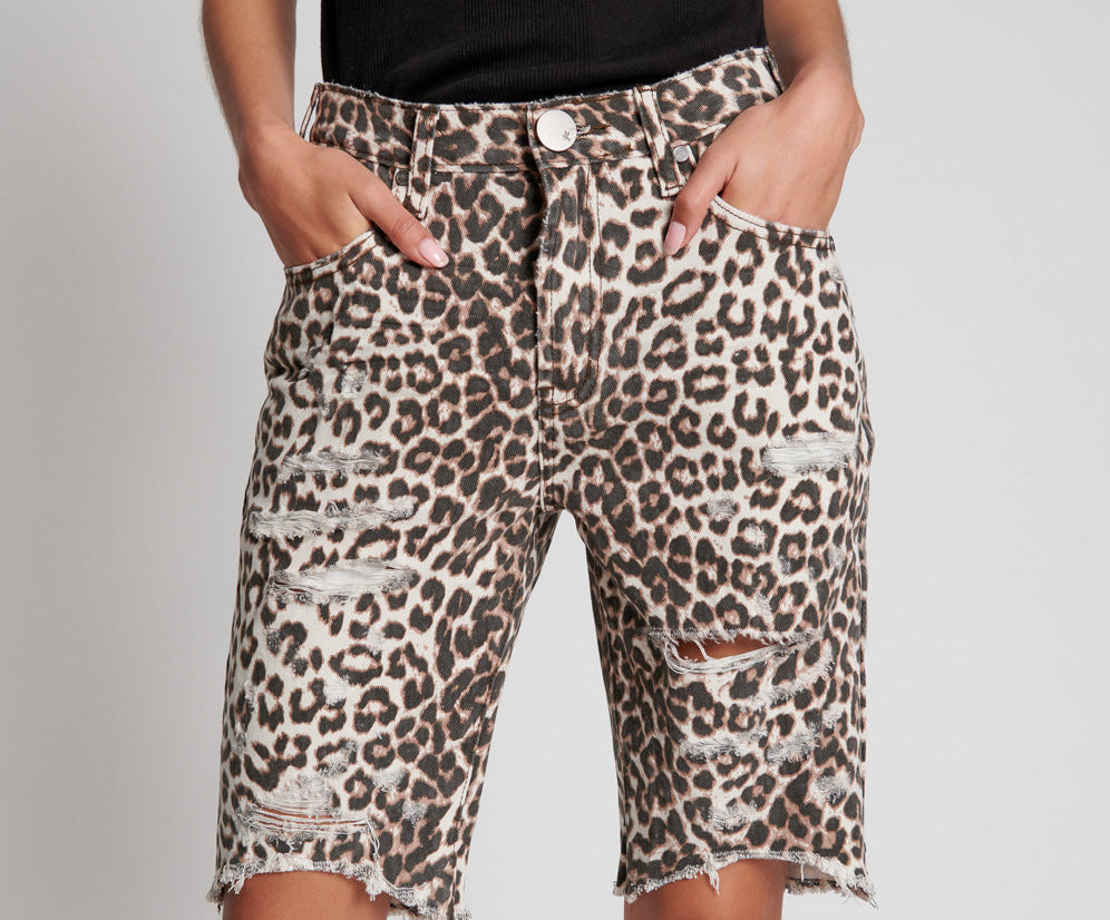 Truckers Mid Waist Long-Length Relaxed Denim Shorts - Animal