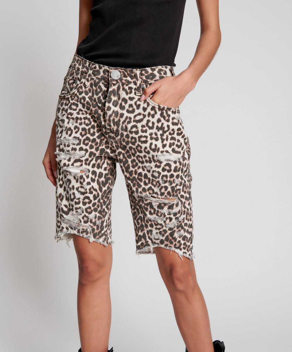 Products Truckers Mid Waist Long-Length Relaxed Denim Shorts - Animal
