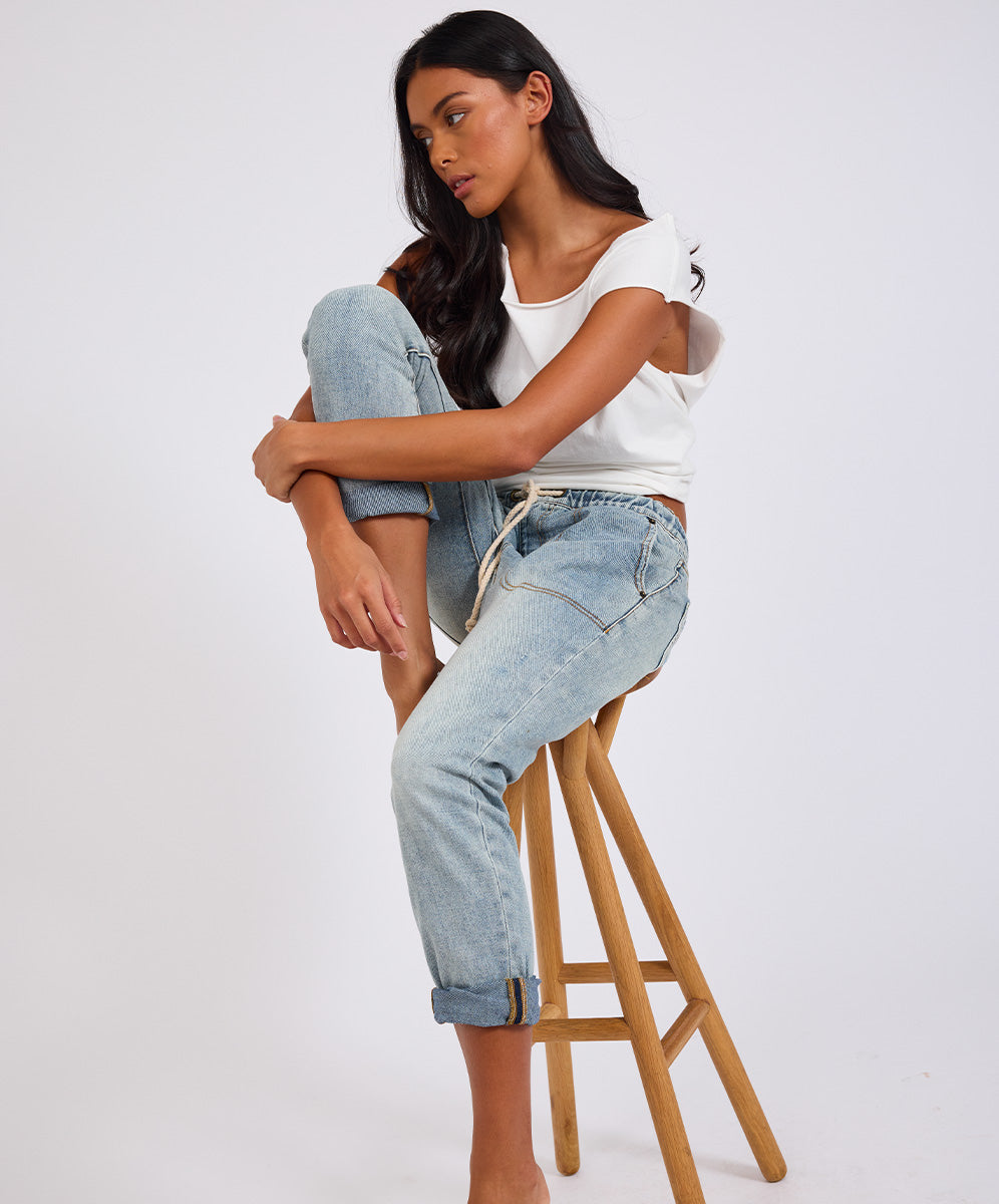 Shabbies Low Waist Drawstring Boyfriend Denim Jeans - Montana