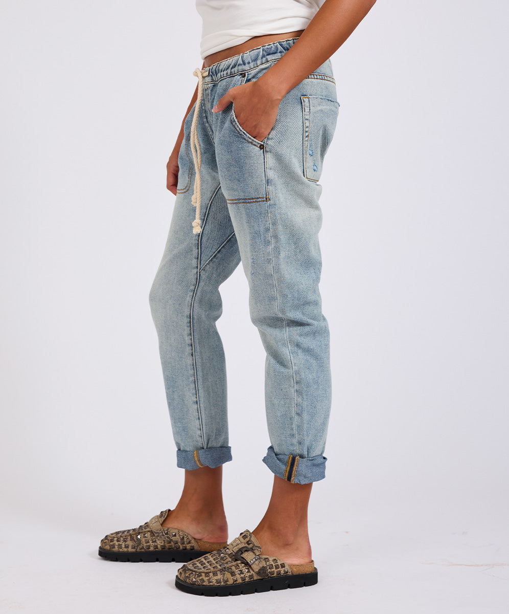 Shabbies Low Waist Drawstring Boyfriend Denim Jeans - Montana