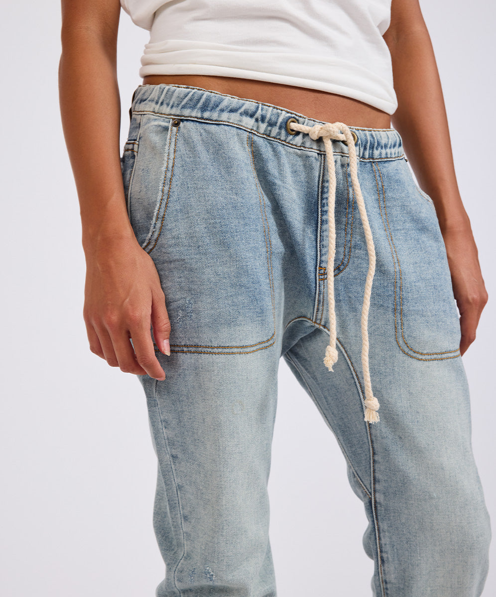 Shabbies Low Waist Drawstring Boyfriend Denim Jeans - Montana