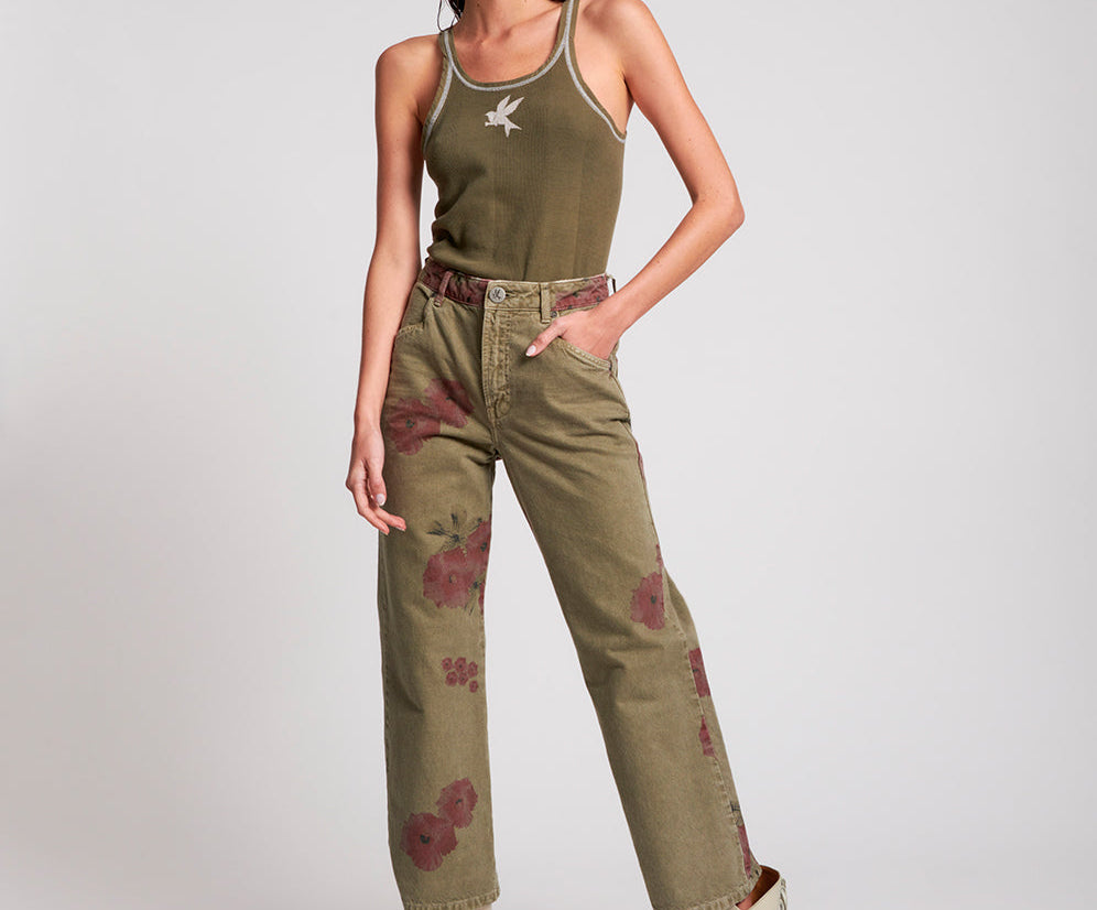 Libertines High Waist Cropped Wide Leg Denim Jeans - Khaki Hibiscus