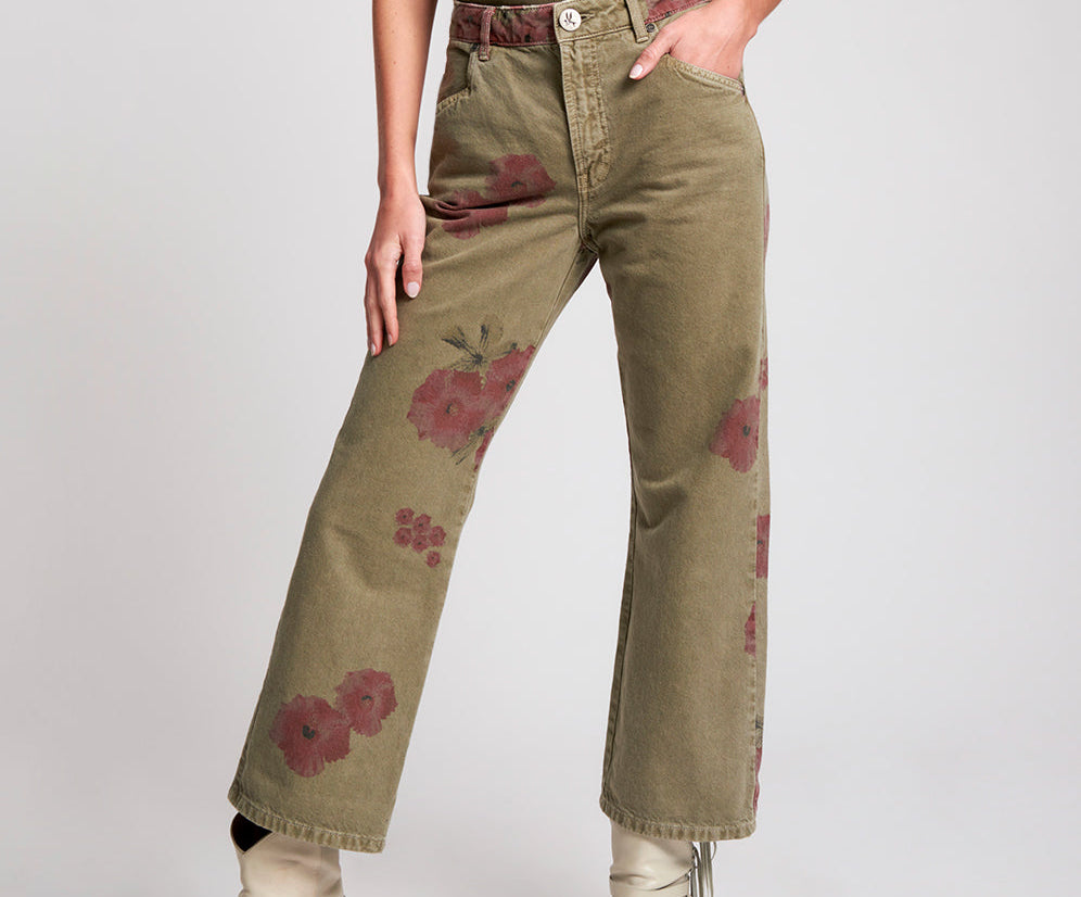 Libertines High Waist Cropped Wide Leg Denim Jeans - Khaki Hibiscus