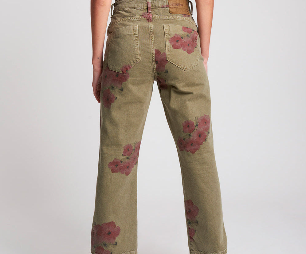 Libertines High Waist Cropped Wide Leg Denim Jeans - Khaki Hibiscus
