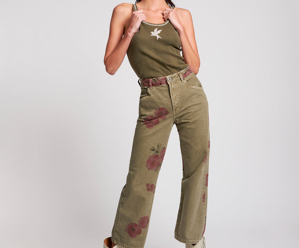 Libertines High Waist Cropped Wide Leg Denim Jeans - Khaki Hibiscus