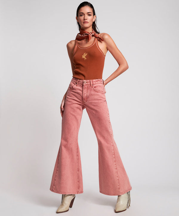 Marines Mid Waist Flared Denim Jeans - Vintage Red