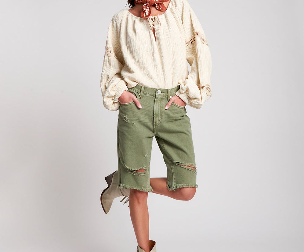 Truckers Mid Waist Long-Length Relaxed Denim Shorts - Super Khaki