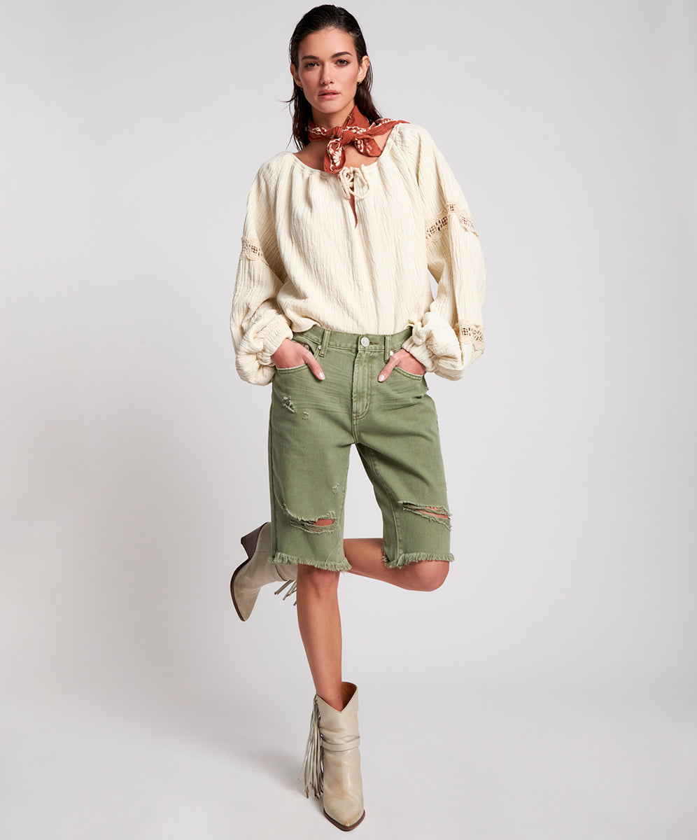 Products Truckers Mid Waist Long-Length Relaxed Denim Shorts - Super Khaki